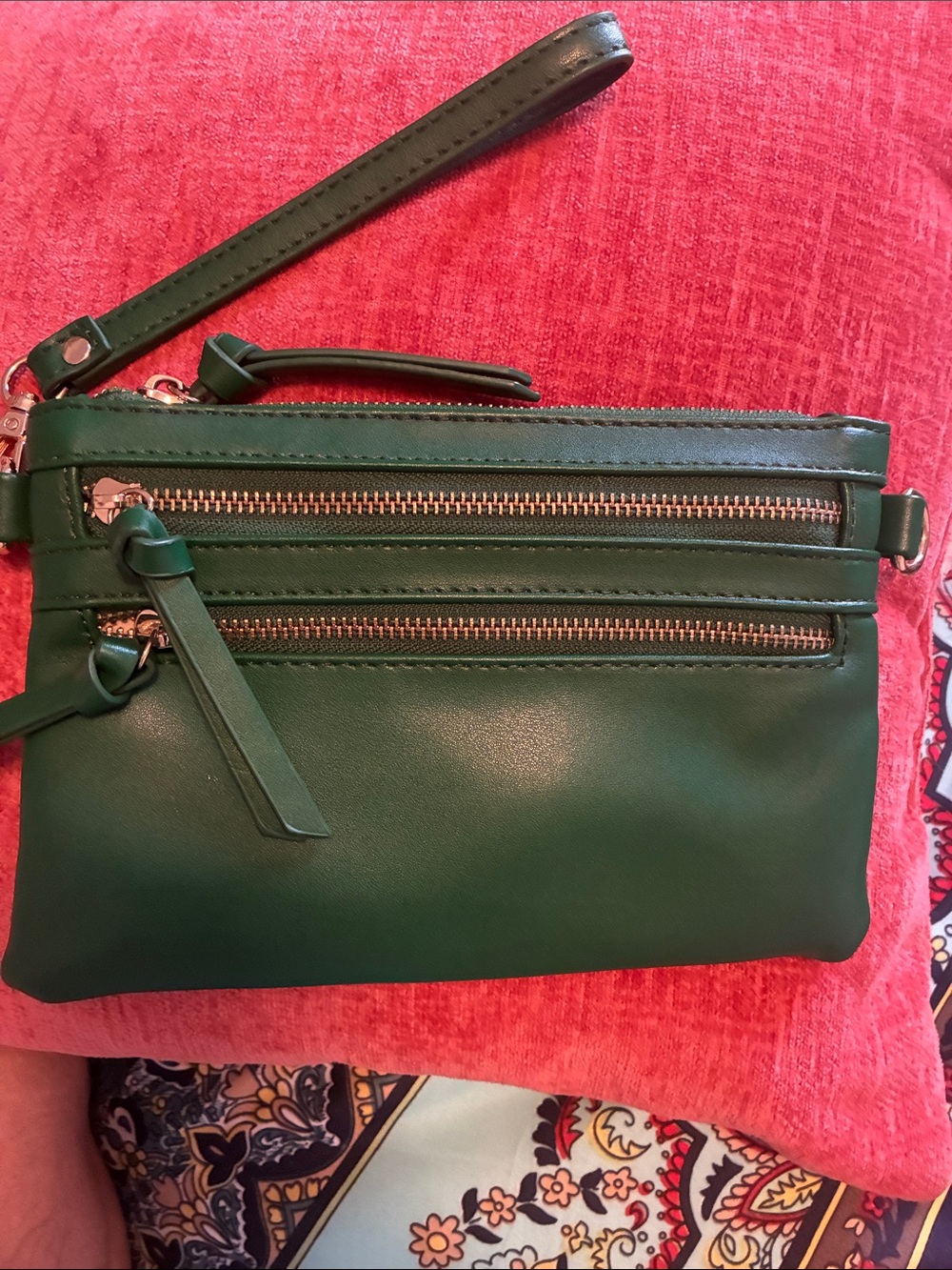 Green Women's Wristlet Clutch with Dual Zippers
